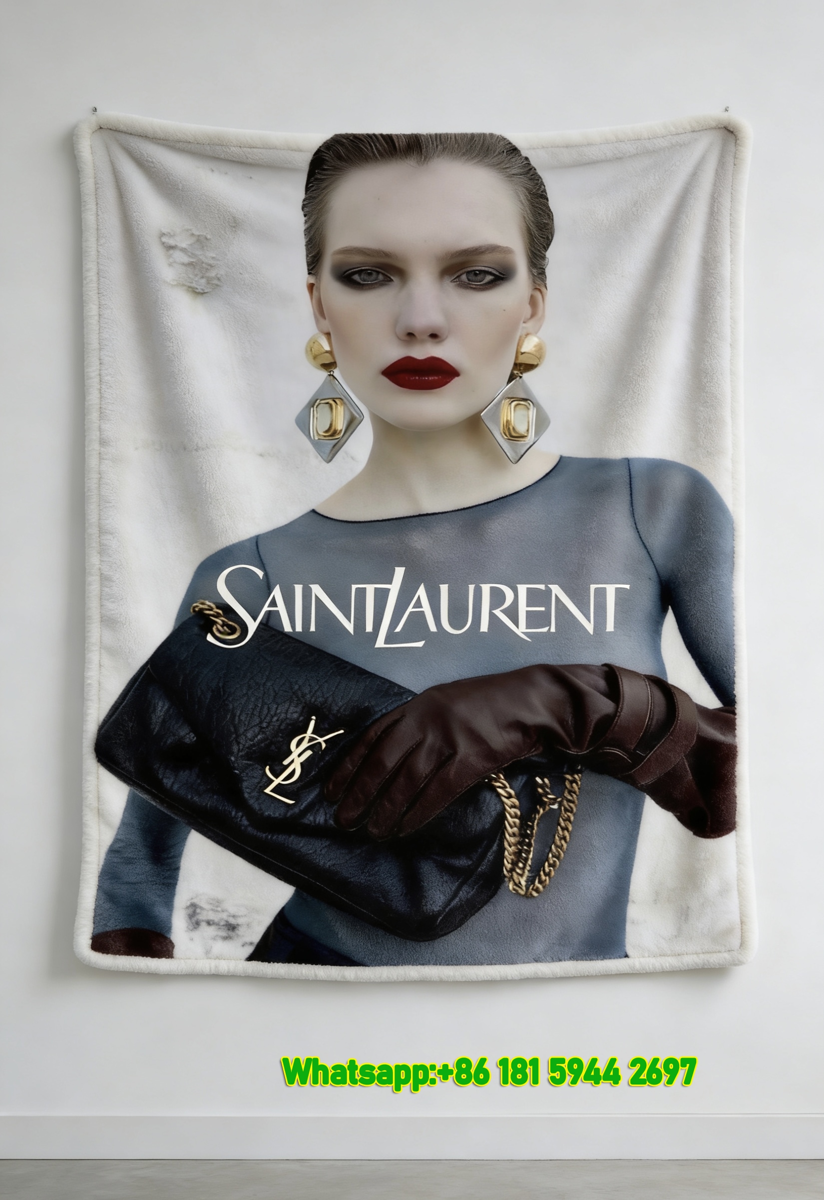 Yves Saint Laurent YSL Slate Blue Sheer Top Model With Gold Earrings Print Flannel Throw Blanket IMG_3292